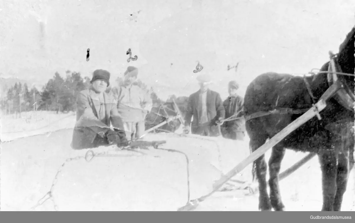 Fire menn med hest og slede, iskjøring på Lesjaskogsvatnet.