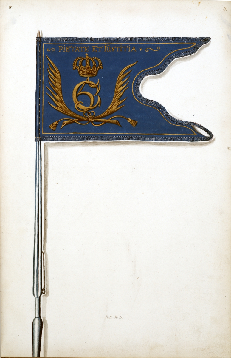 Avbildning i gouache föreställande fälttecken taget som trofé av svenska armén. Den avbildade dragonfanan finns bevarad i Armémuseums samling, för mer information, se relaterade objekt.