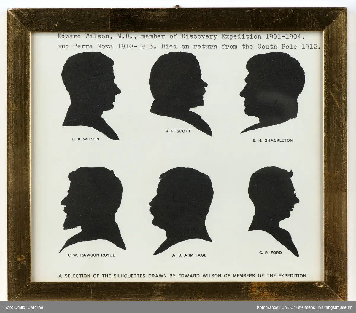 Silhuetter av medlemmer fra polarekspedisjoner. Bl.a. E.A. Wilson.  R.F. Scott.  E.H. Shackleton.  C.W. Rawson Royde.  A.B. Armitage. C.R. Ford.