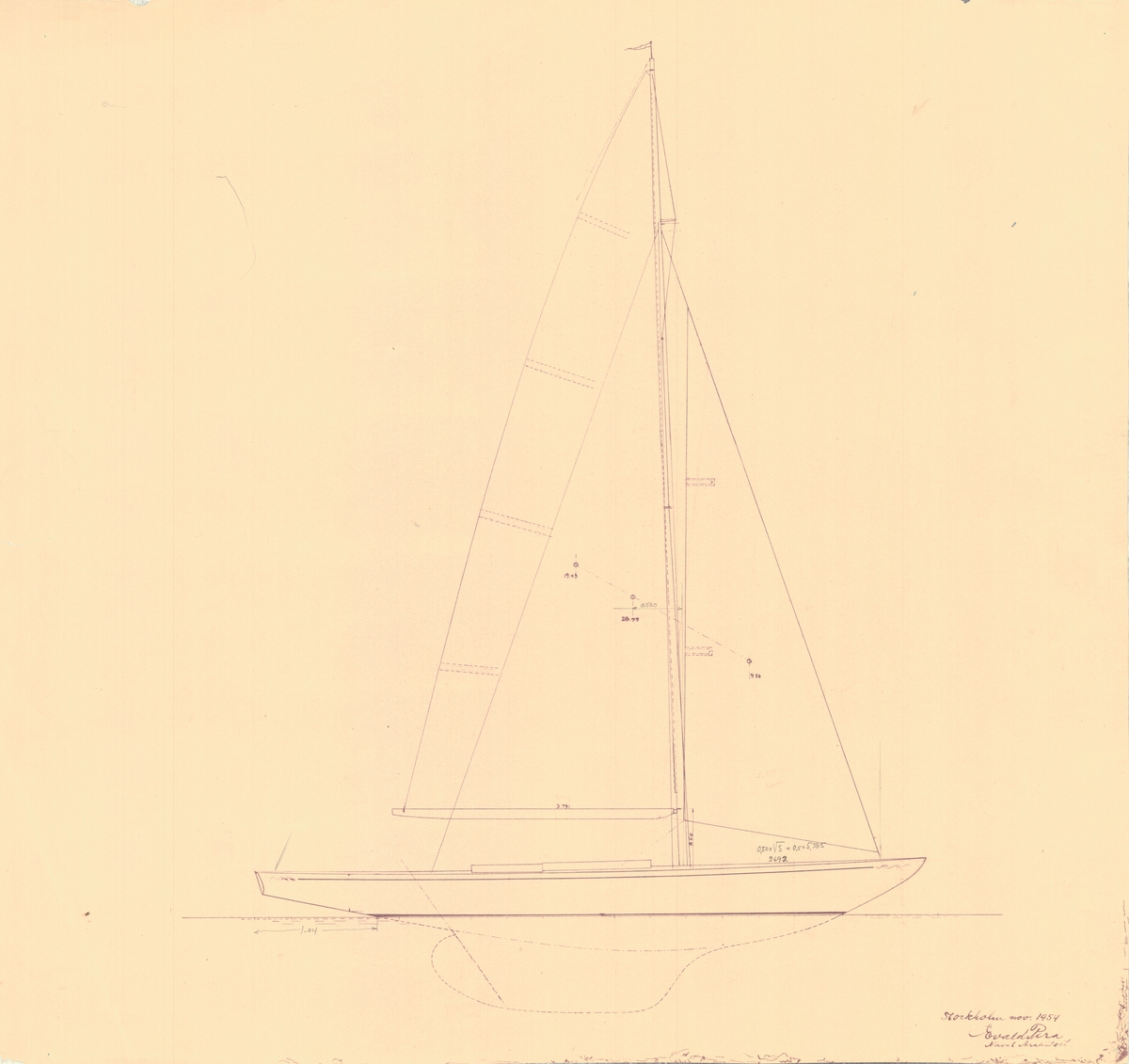 segelbåt av Evald Pira.
Segelritning