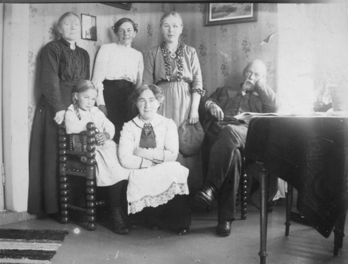 "Håheims. Neiden." Håheim-familien samlet. De fleste ukjent. Kvinnen i bakerste rad i midten er muligens Mally Håheim, resten av ungpikene kan være hennes søstre.