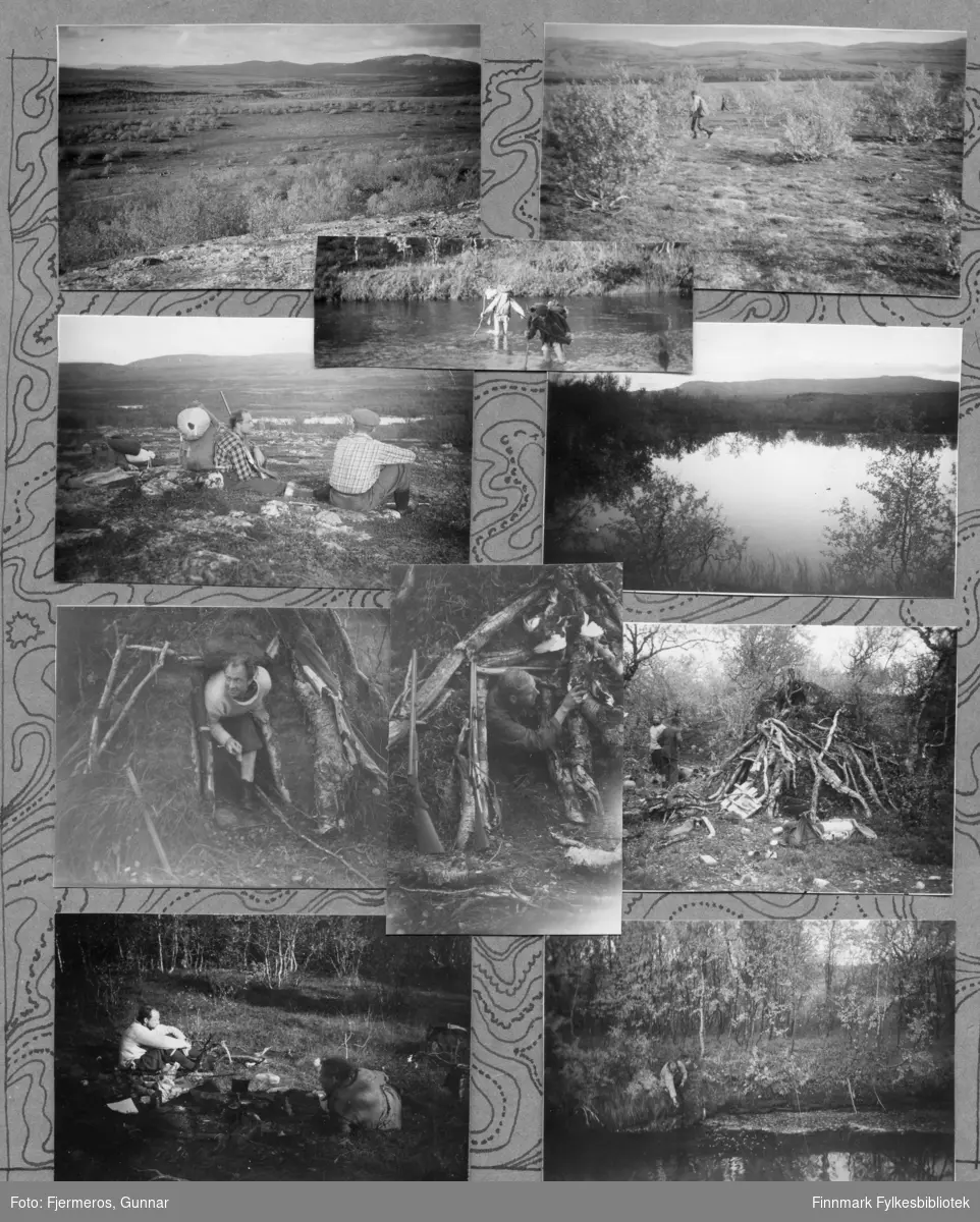 En albumside med mange småbilder av folk og natur. Personer og sted er ukjent, men bildene er fra en jakt- og fisketur i 1947.