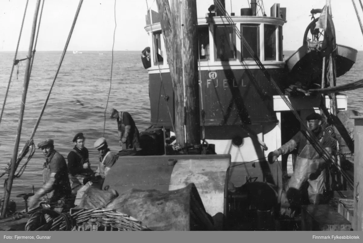 Flere menn på dekket og i rorhuset på båten "Varfjell" som er ute for å  fiske/fange Håkjerring. Mennene og stedet båten ligger er ukjent, men bildet er tatt sommeren 1948.