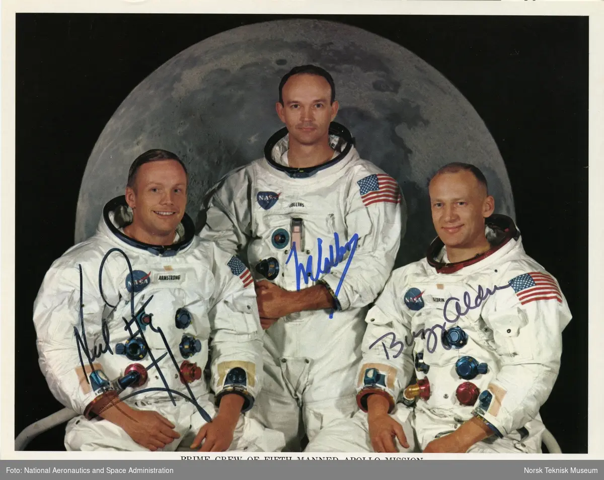 Apollo 11 mannskapet fra venstre astronautene Neil A. Armstrong, Michael Collins og Edwin E. Aldrin. Apollo 11 var det første bemannede romfartøyet som landet på månen 24. juli 1969