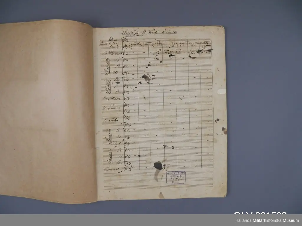 Partitur. Häftet består av 48 handskrivna sidor med noter för blåsorkester. Varje sida innehåller 21 notplan med stämmor för resp. instrument.