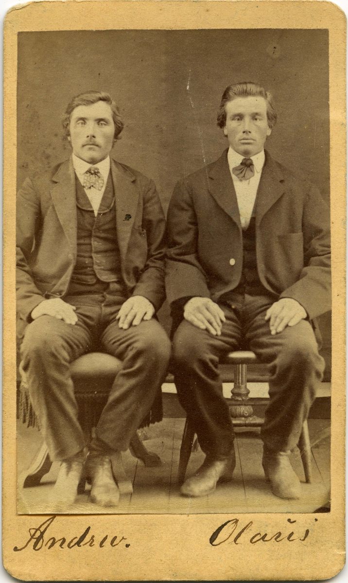 To menn sitter på stoler. Påskrift på bildet: "Andrev Olaus". Navnet kan være en versjon av "Andrew Olaus", og bilde kan være tatt i Amerika. Dette for at det bak bilde står skrevet "W. B. Critchfield, Artist".
