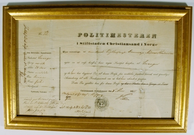 Reisetillatelse fra politimesteren i Kristiansan, datert 1855