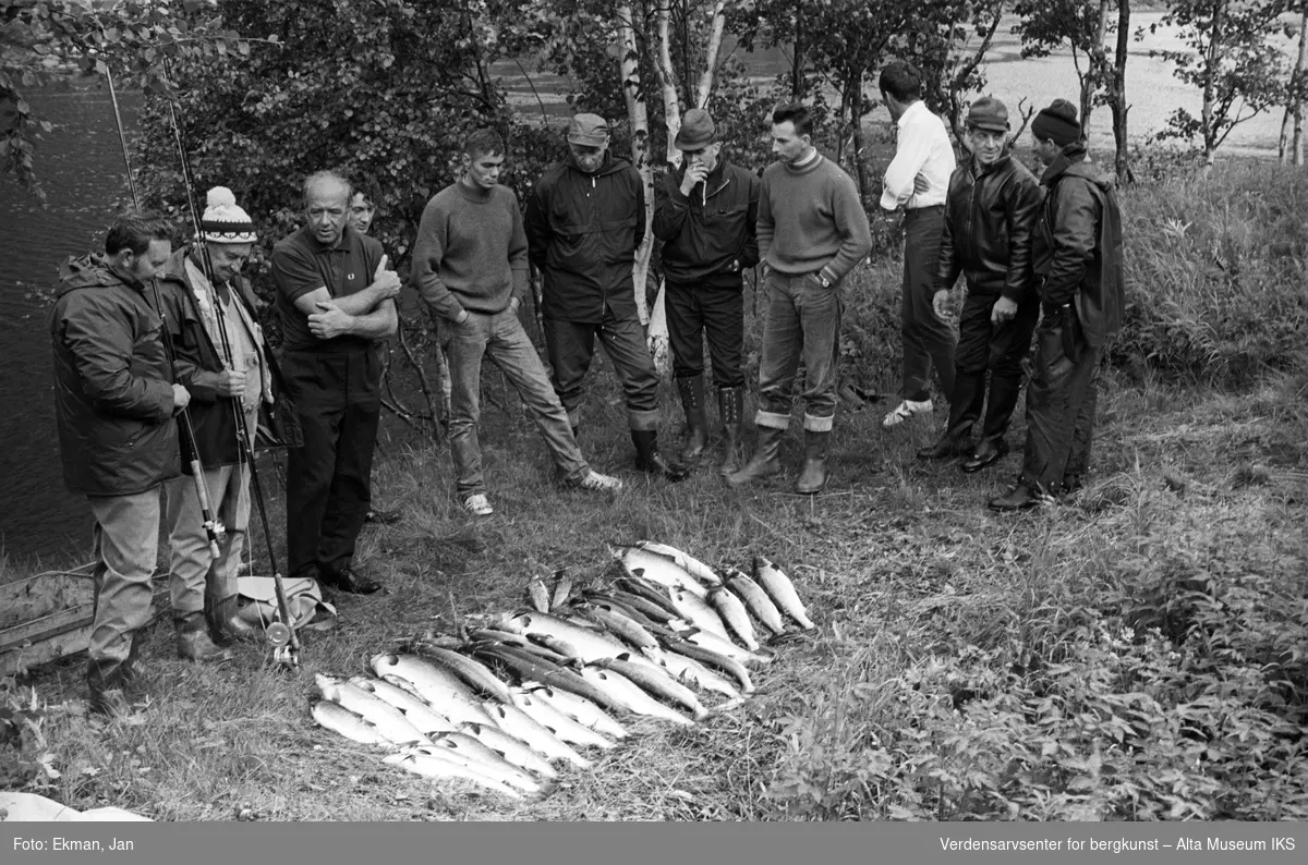 Fangst med personer.

Fotografert 1971.

Fotoserie: Laksefiske i Altaelva i perioden 1970-1988 (av Jan Ekman).
