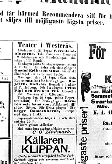 Teaterannons, Västerås. Införd i Västmanlands läns tidning 1880 ...