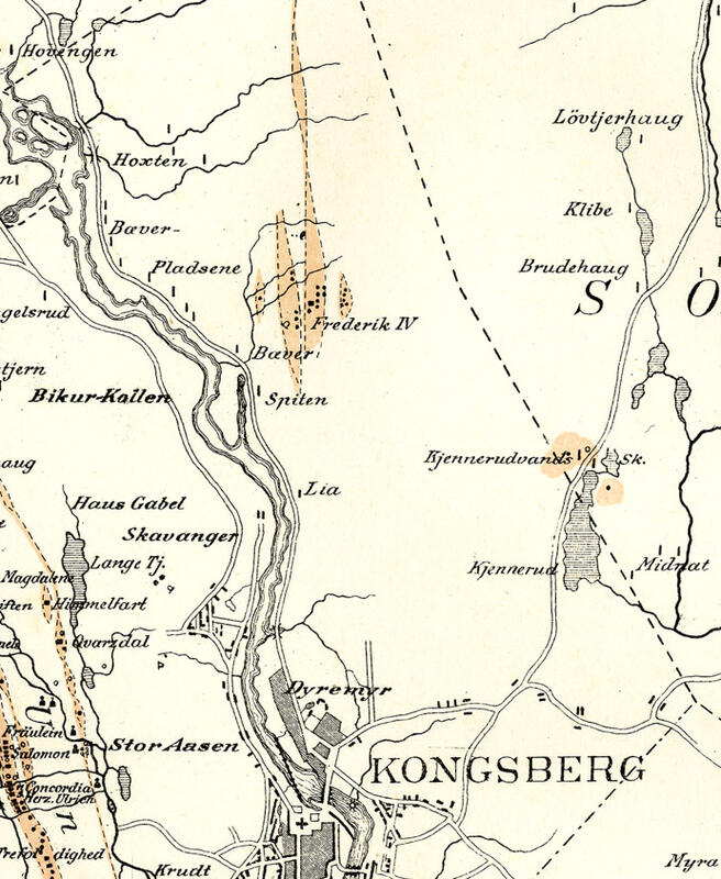 Utsnitt av C. L. Boecks kart fra 1794 over Kongsberg Sølvverks Grubefelt med senere tillegg av G. Munthe (Foto/Photo)