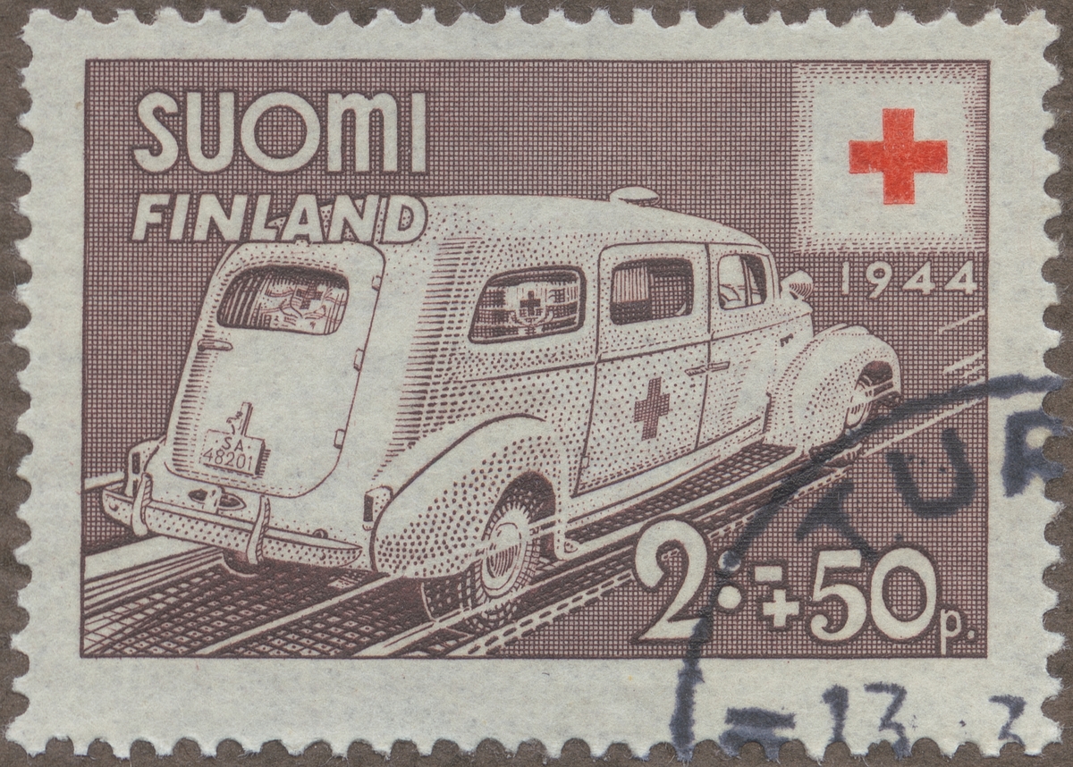 Frimärken ur Gösta Bodmans filatelistiska motivsamling, påbörjad 1950. Frimärke från Finland, 1944. Motiv av Finsk Ambulansbil