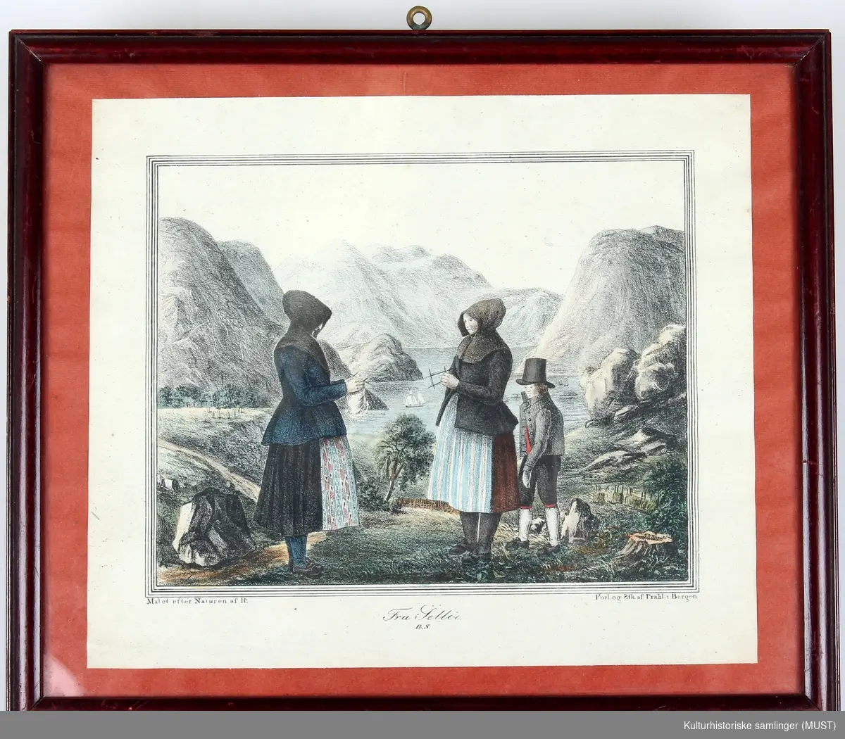 To strikkende kvinner og en gutt. Omgivelser og natur fra øya Selja i Nordfjord.