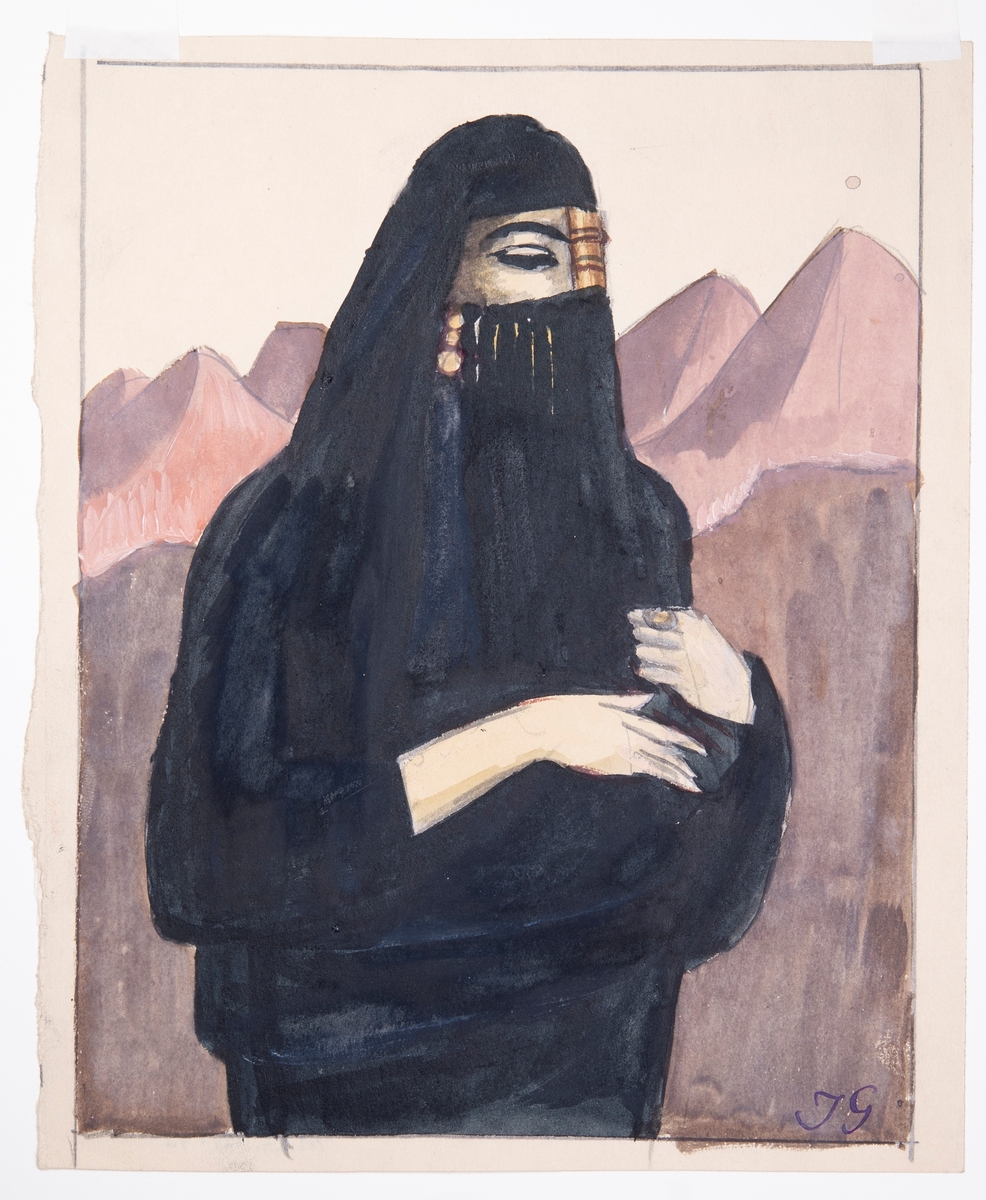 Porträtt av kvinna i niqab, hennes klädsel tyder på att hon var hemmahörande i någon av gulfstaterna.