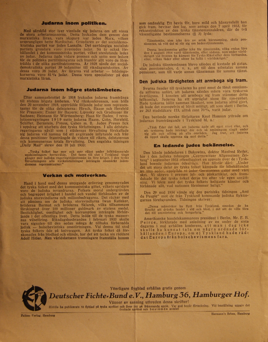 Antisemitiskt flygblad från tidsskriften Deutscher Fichte, med rubriken "Sanningen om judarna i Tyskland".