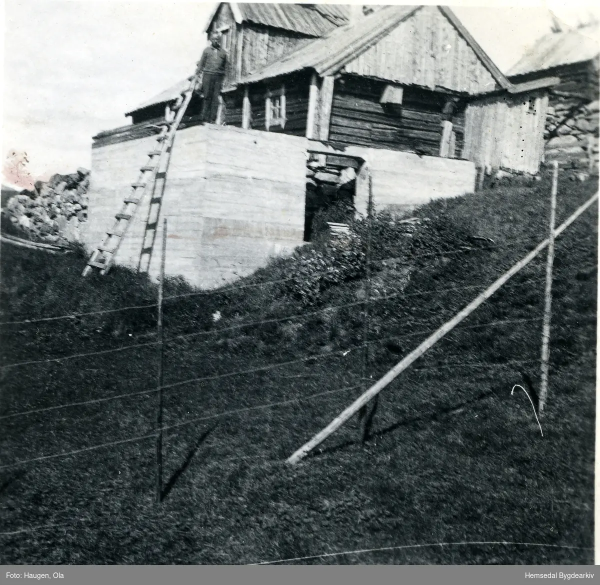 Haugen, bygging av nytt fjøs, her ser me murane. ca 1942.