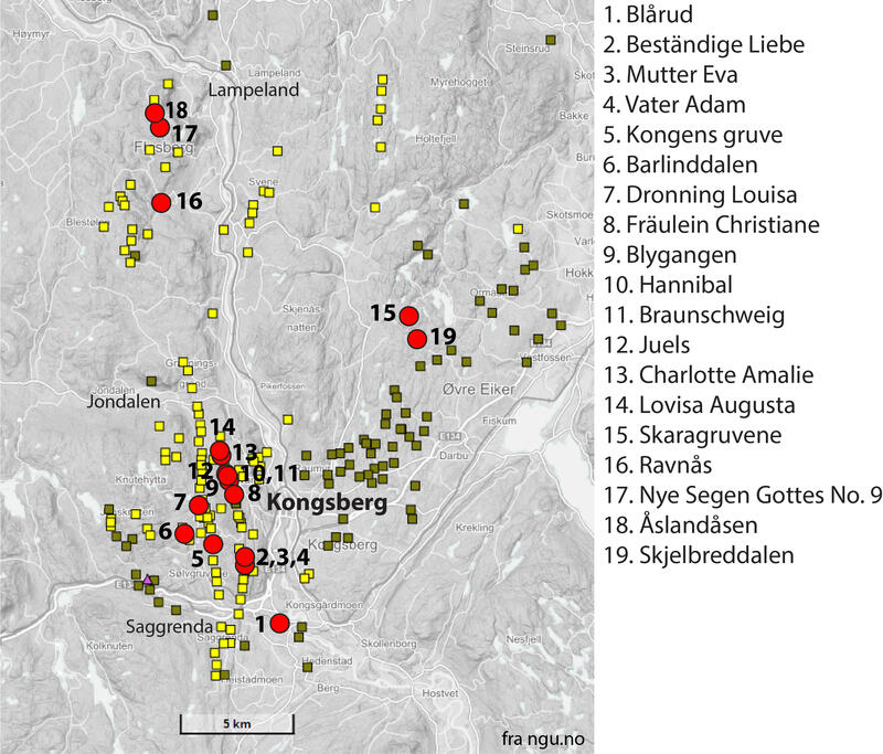 Gamle gruver og skjerp i Kongsberg-området. Gule symboler viser sølvgruve og -skjerp. Grønne symboler angir forekomster av kobber-, sink- og bly-malmer. De røde symbolene viser sølvgruver hvor det har blitt funnet gull. (Foto/Photo)