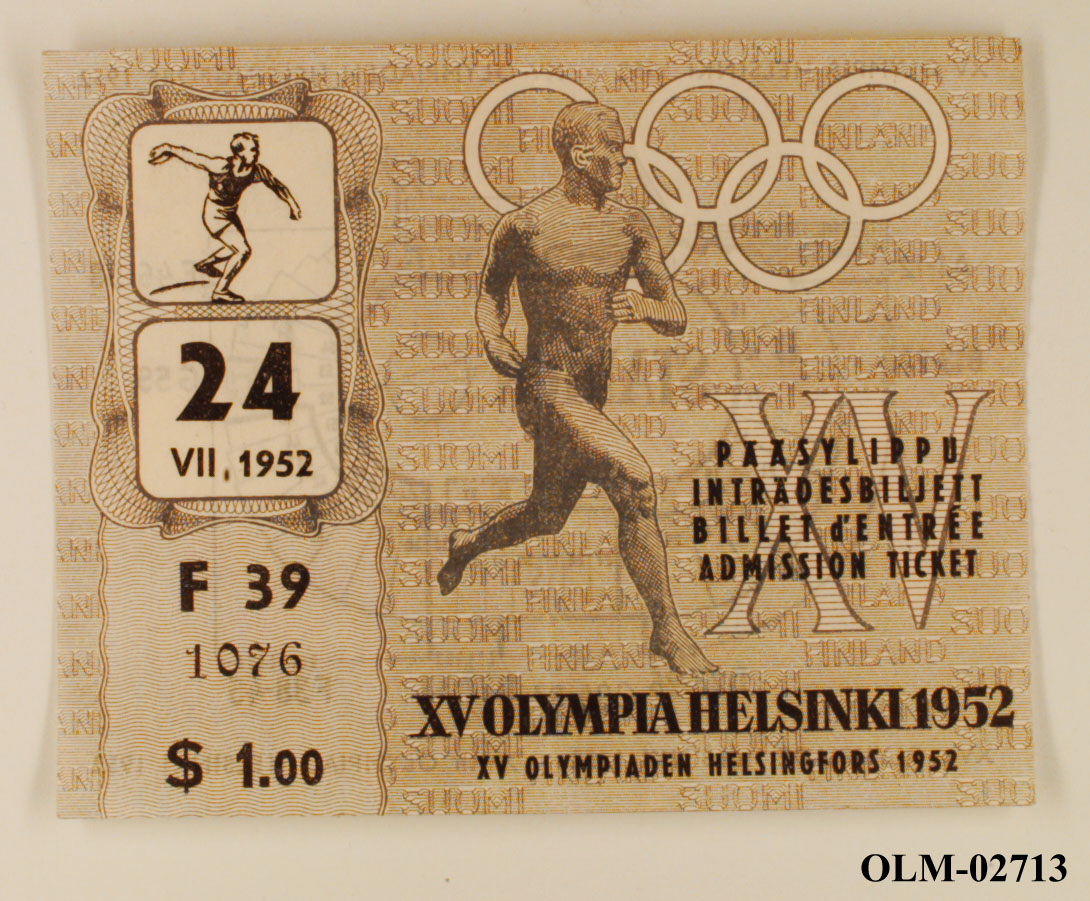 Inngangsbillett til friidrettsøvelser den 24.07.1952 i Helsinki.  Til venstre et bilde av en diskoskaster, dato, setenummer, pris og et bilde av en sprinter med de olympiske ringene i bakgrunnen. På baksiden en oversikt over stadion.