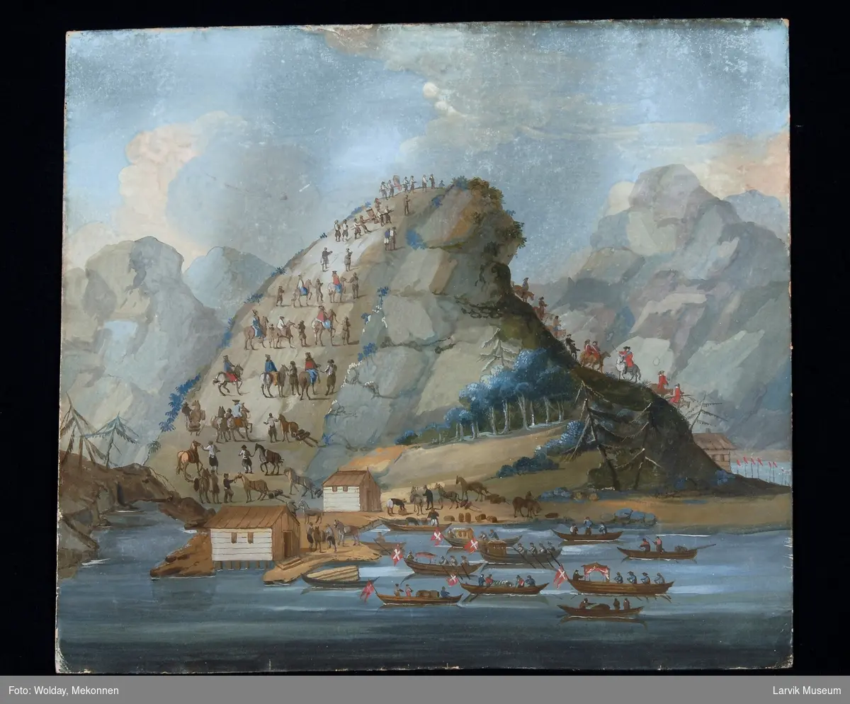 Landskapsbilde - ilandsetting av danske soldater mfl. i forbindelse med reisen til kong Christian VI og dronning Sophie Magdalene i 1733. Her ved Mannseidet.
