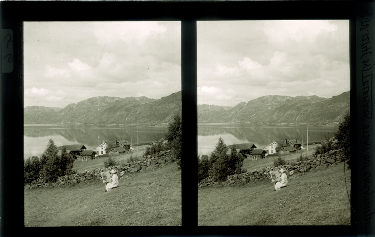 Landskap, Rauland, Telemark. Utsikt mot Raulandsfjell. Kvinne sitter og maler. Tilhører Arkitekt Hans Grendahls samling av stereobilder.