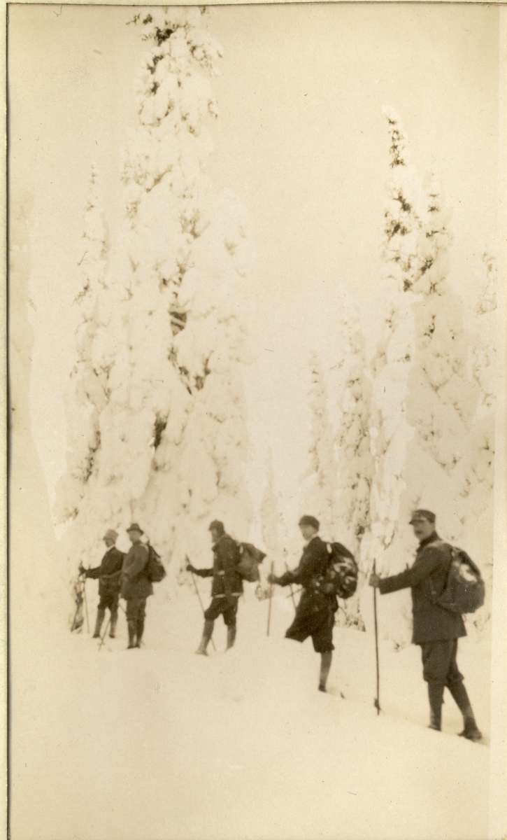 Fem medlemmer av skiklubben Fram på skitur i skog, antagelig i Nordmarka, Oslo. Fra venstre Anders Beer, Waldemar Kallevig (?), Thomas Fearnley. Carl Rustad og Barthold Butenschøn. Fotografert 1917.