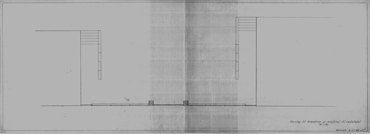 Arbeidstegning på kalkerpapir av forslag til forandring til innkjørsel VST Krossen (Dobbel A3 tegning)  (original)
Krossen 4-5-46
Format A3 x 2