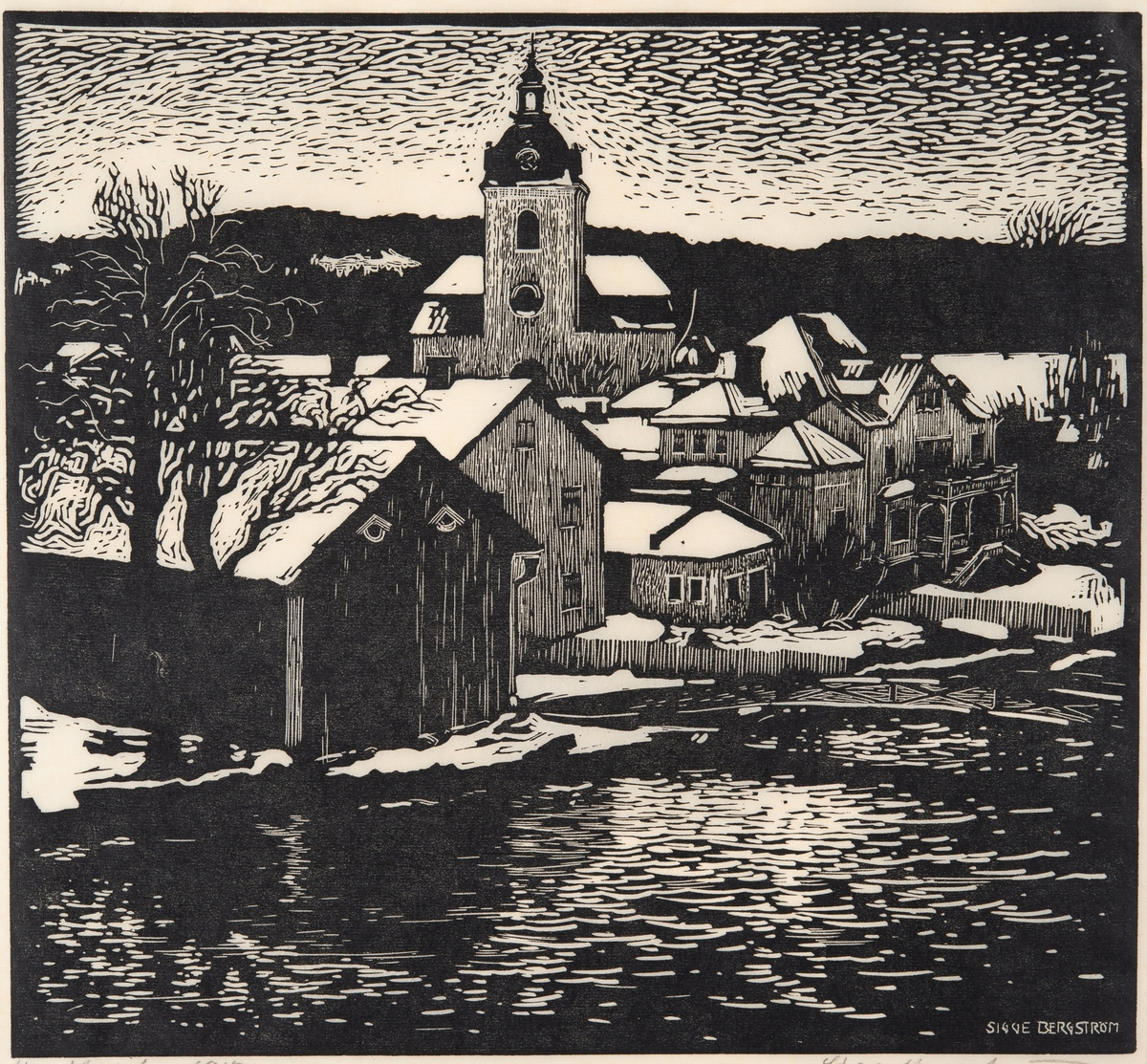 Filipstad med kyrkan, Lesjöforsmagasinet och Spångbergsbron 1912.