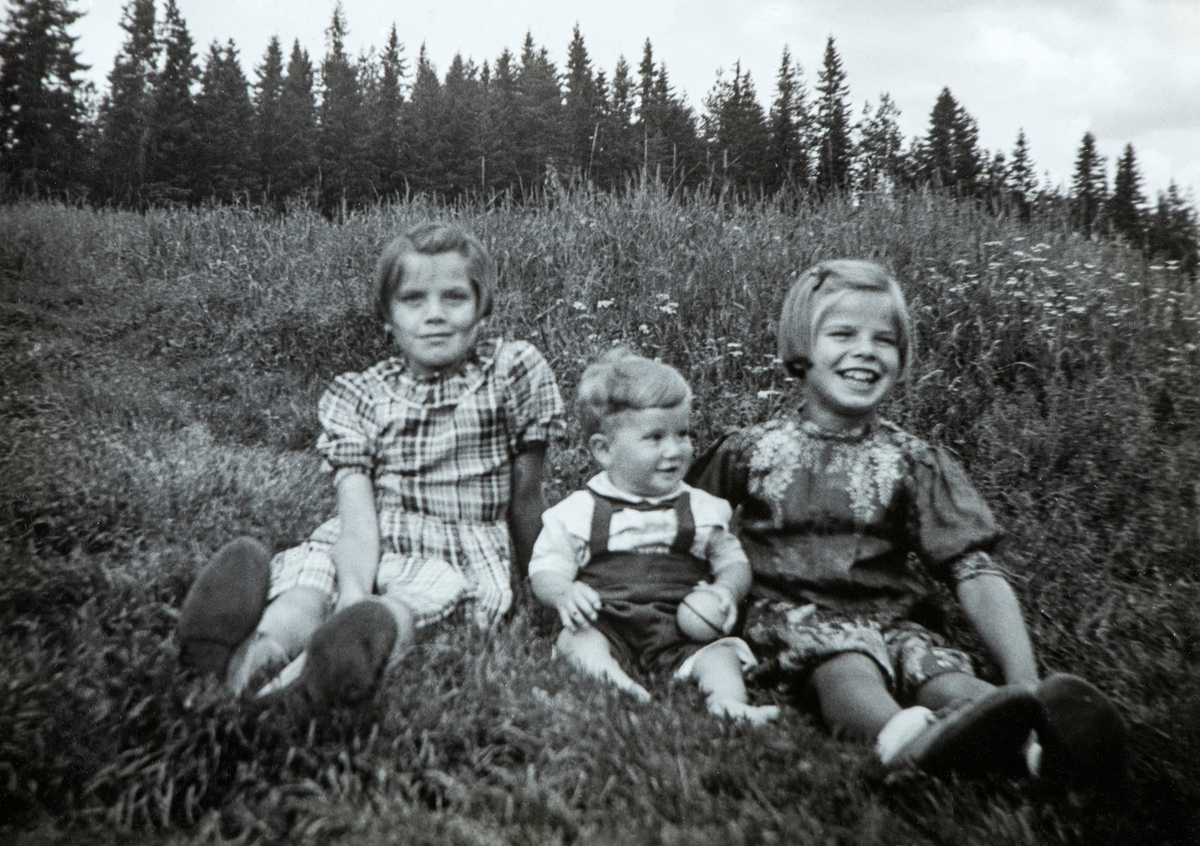Tre barn sittende i blomstereng i Vallset. F.v. Edith Nybakk (f. 13.12.1931, senere gift Asbjørnsen), John Magne Mæhlum (jentenes nevø, f. 05.07.1940) og Randi Nybakk (f. 04.03.1932, senere gift Lundem). Tidspunkt for fotografering 1941/42.