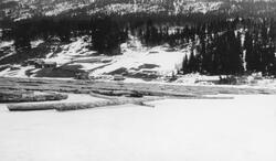 «Ved Andrå.  Tømmer på isen den 20/45 1928   Storsjøen»