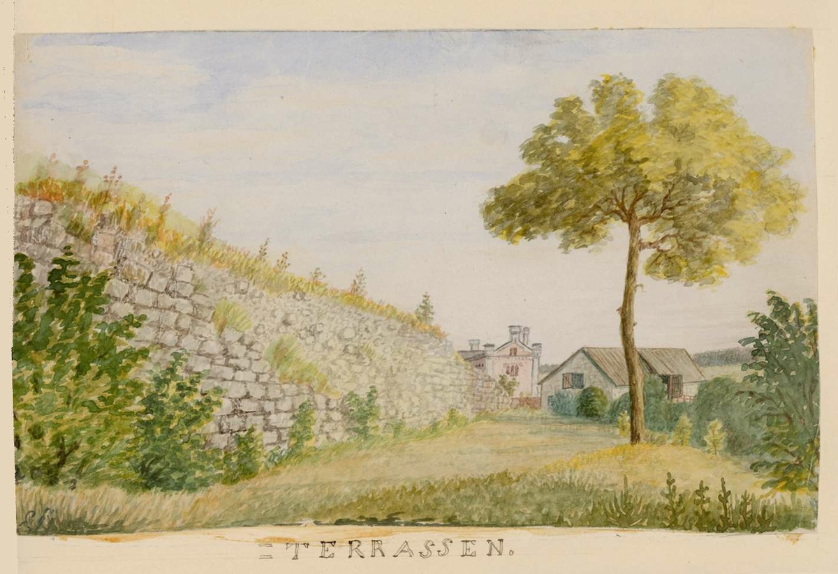 Terrassen bakom Uppsala slott med ruin efter torn samt fängelset, Uppsala efter 1860