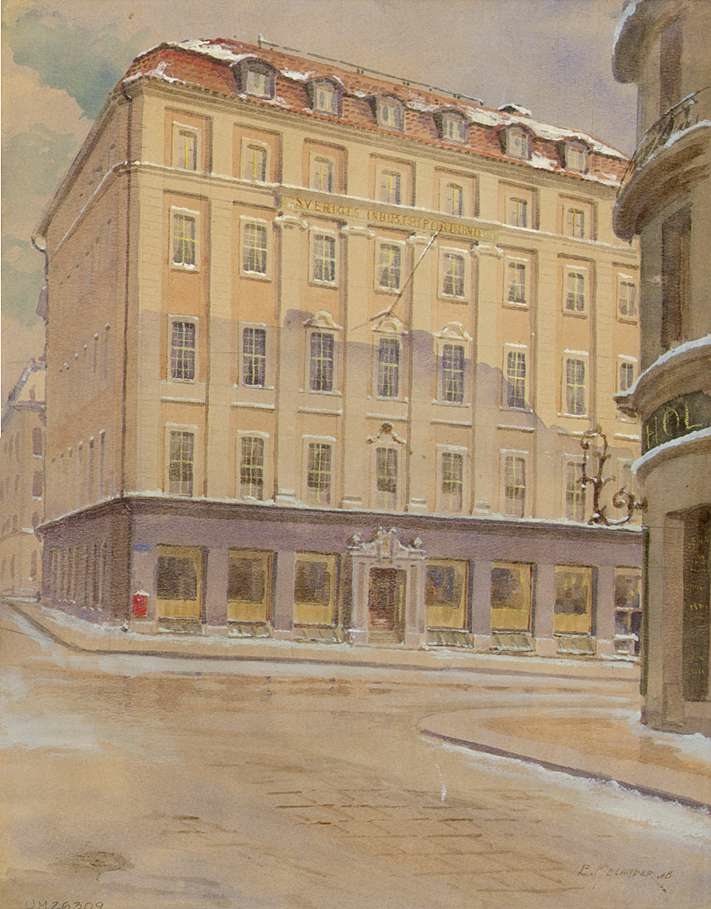 Akvarell föreställande Sveriges Industriförbunds byggnad i Stockholm.