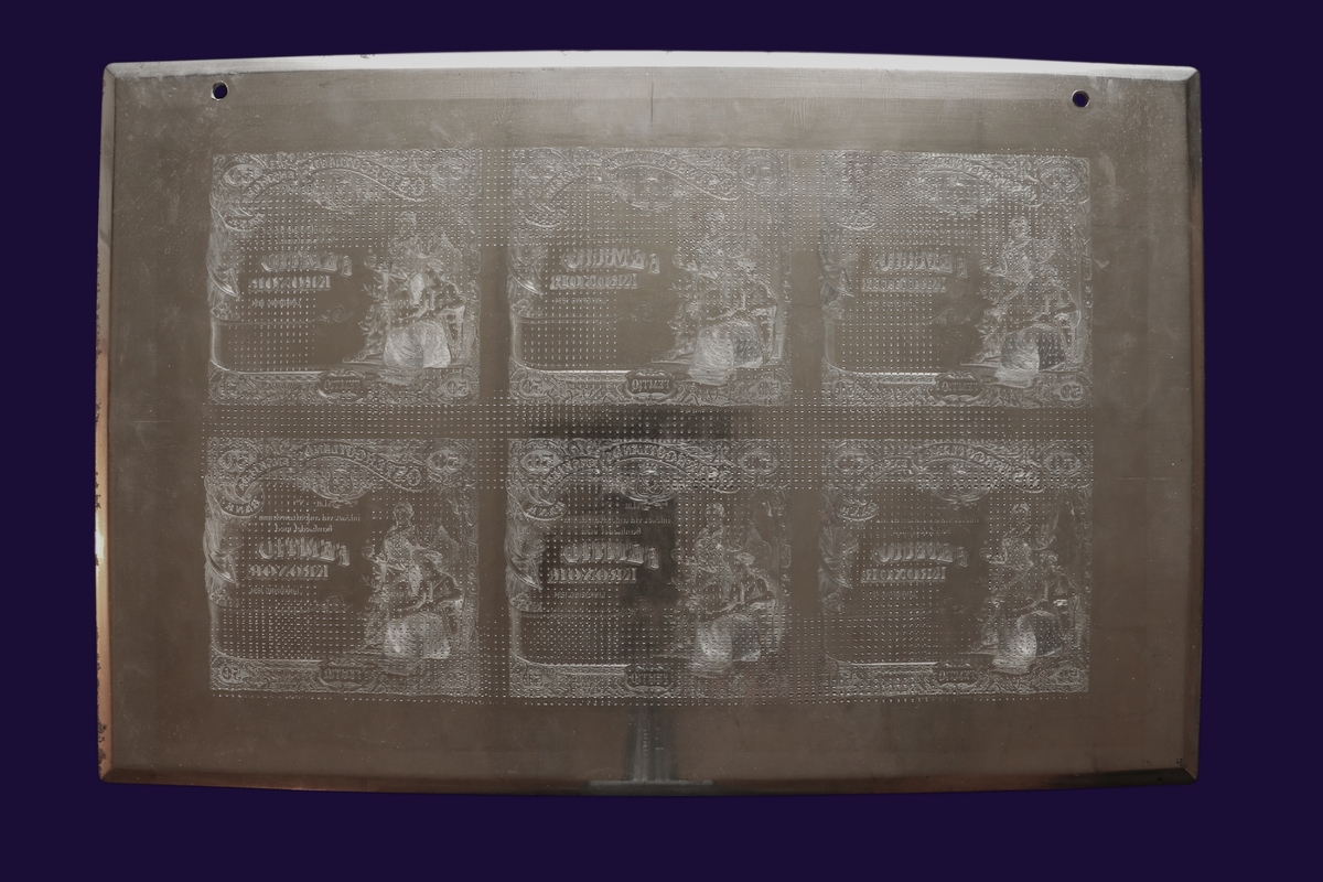 Tryckplåt för sex 50-kronors-sedlar för Östergötlands Enskilda Bank 1894. Plåten är makulerad genom fyrkantsmönster över hela plåten. Längst ner i höger hörn är ingraverat ett H. Två skruvhål på plåtens översida, antagligen borrade i efterhand för upphängning i museet. Framsidan är slät och glansig. Baksidan är lite rostig och har många märken i form av fyrkanter, streck och cirklar. En stämpel är ingraverad, sista ordet är "Ground", resten svårt att läsa.
