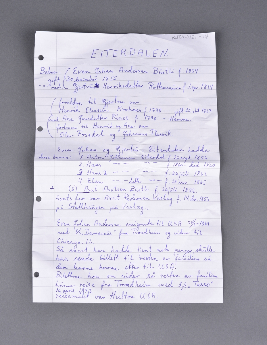 Papirark med oversikt over en familie som bodde i Eiterdalen. 
Antatt disse har vært eiere av samlingen med garnbetterutstyr