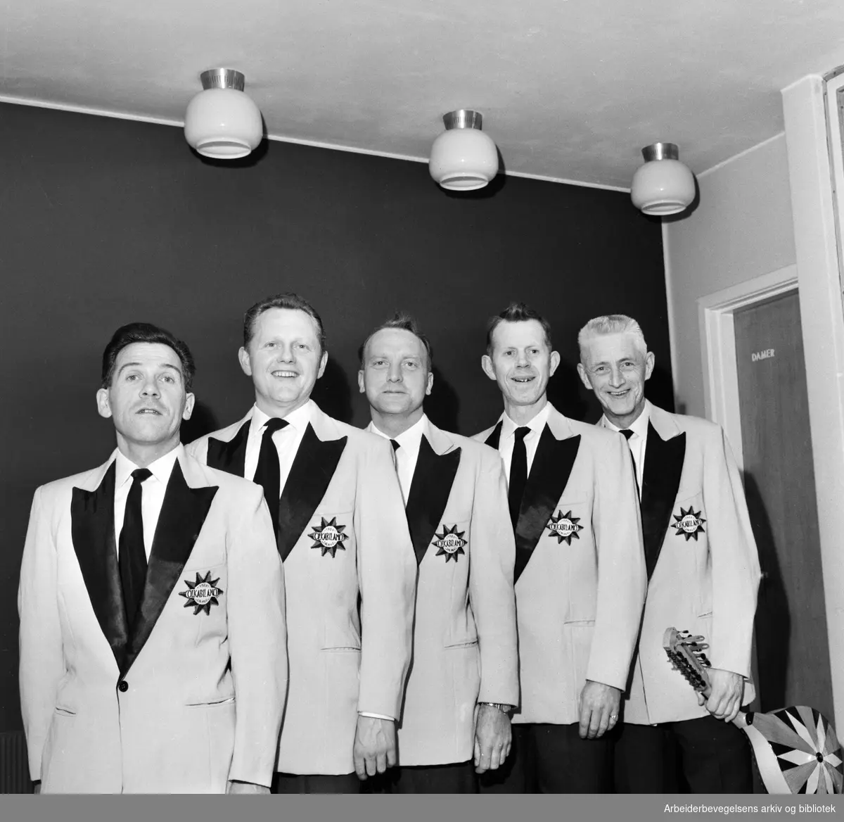 Salhus-kvintetten. Fra venstre: Ole Mjelde, Karl Sjursen, Birger Marthinussen, Lars Kalvik og Monrad Holm Johnsen. April 1963.