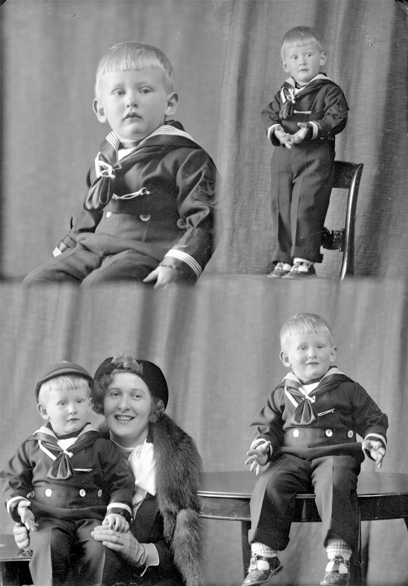 Portrett.  Familiegruppe på to. Ung kvinne og ung gutt i marineuniform.  Bestilt av Fru Hogganvik