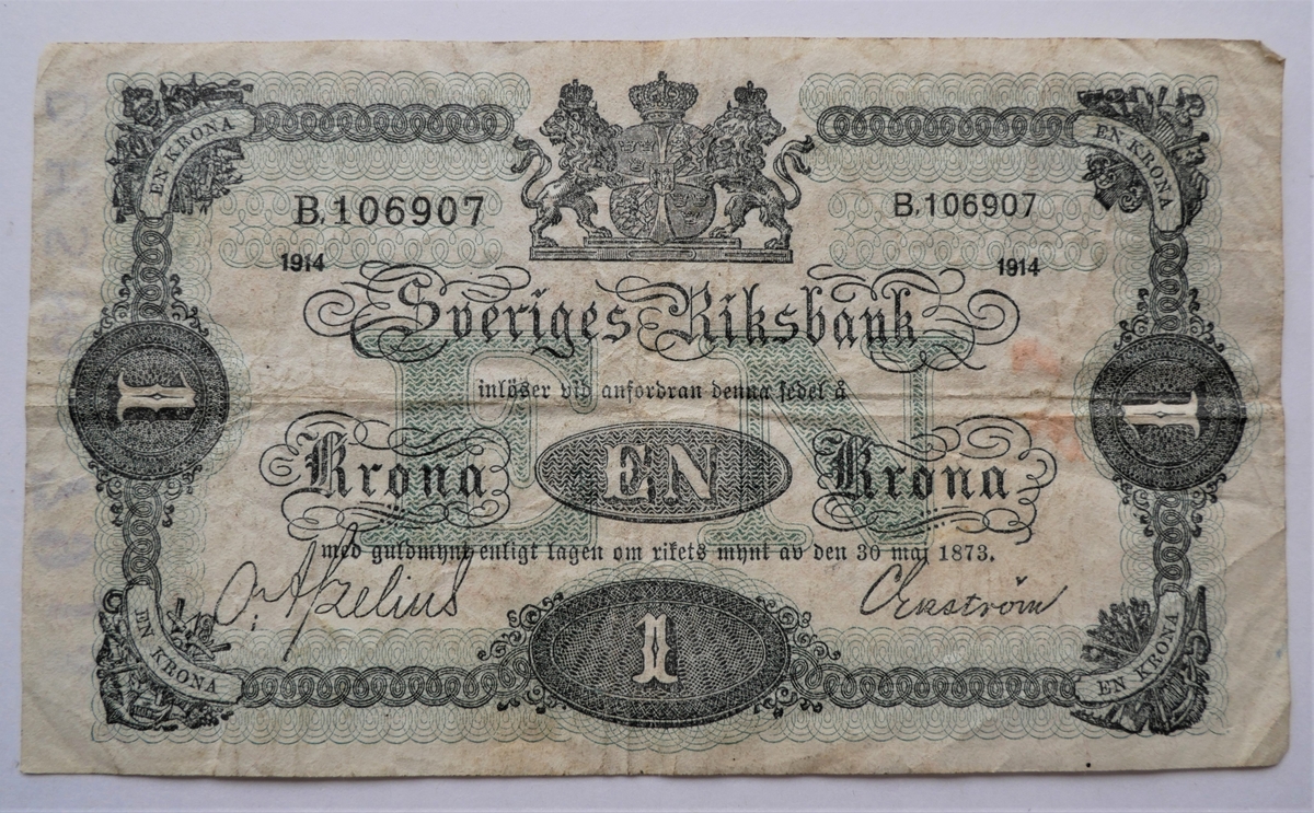 1 pengeseddel.

Svensk 1 krone fra 1914.

Gave fra prof. A. Brinkmann, Bergen.
