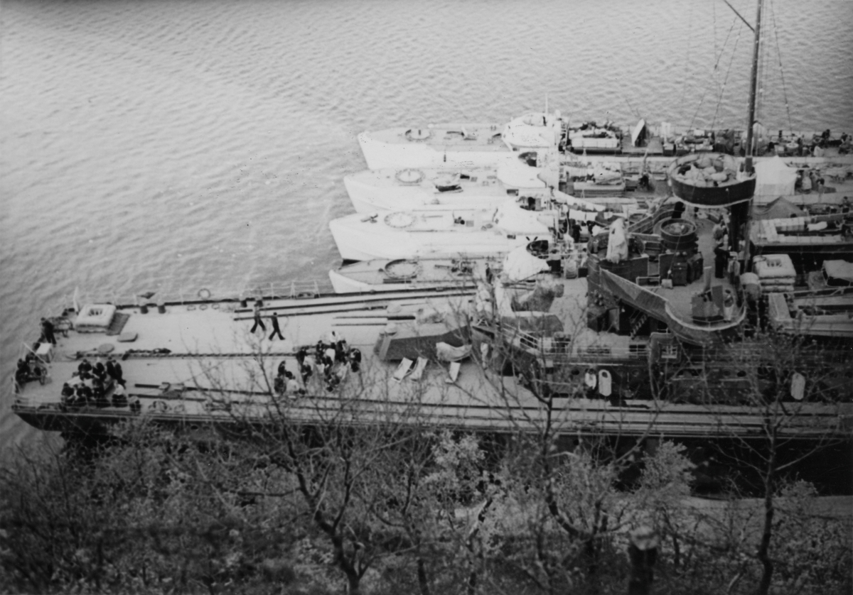 Det tyske fartøyet "Adolf Lüderitz", moderskipet (tysk: Begleitschiff) for motortorpedobåtene, fotografert ved Dampskipskaien, 8. mai 1945.