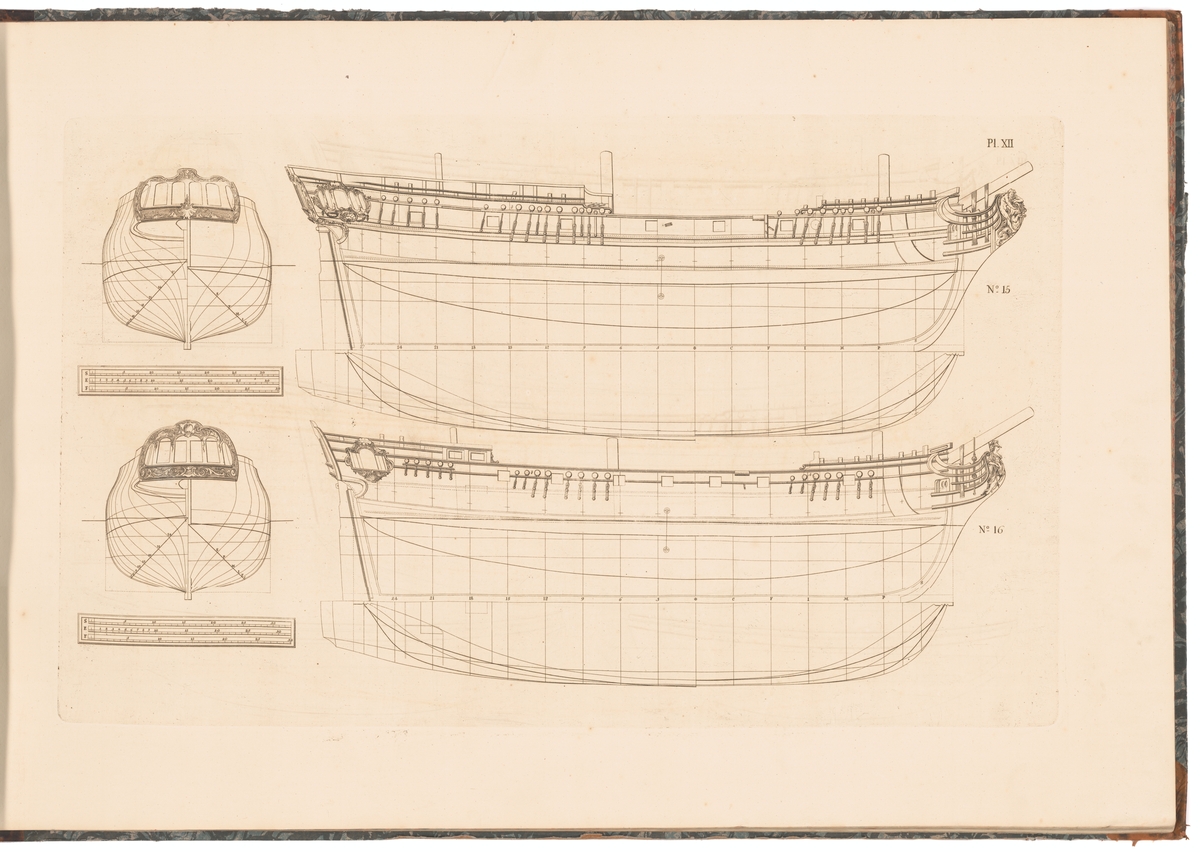 Handelsfartyg, två pinkskepp. Profil-, spant- och linjeritningar.