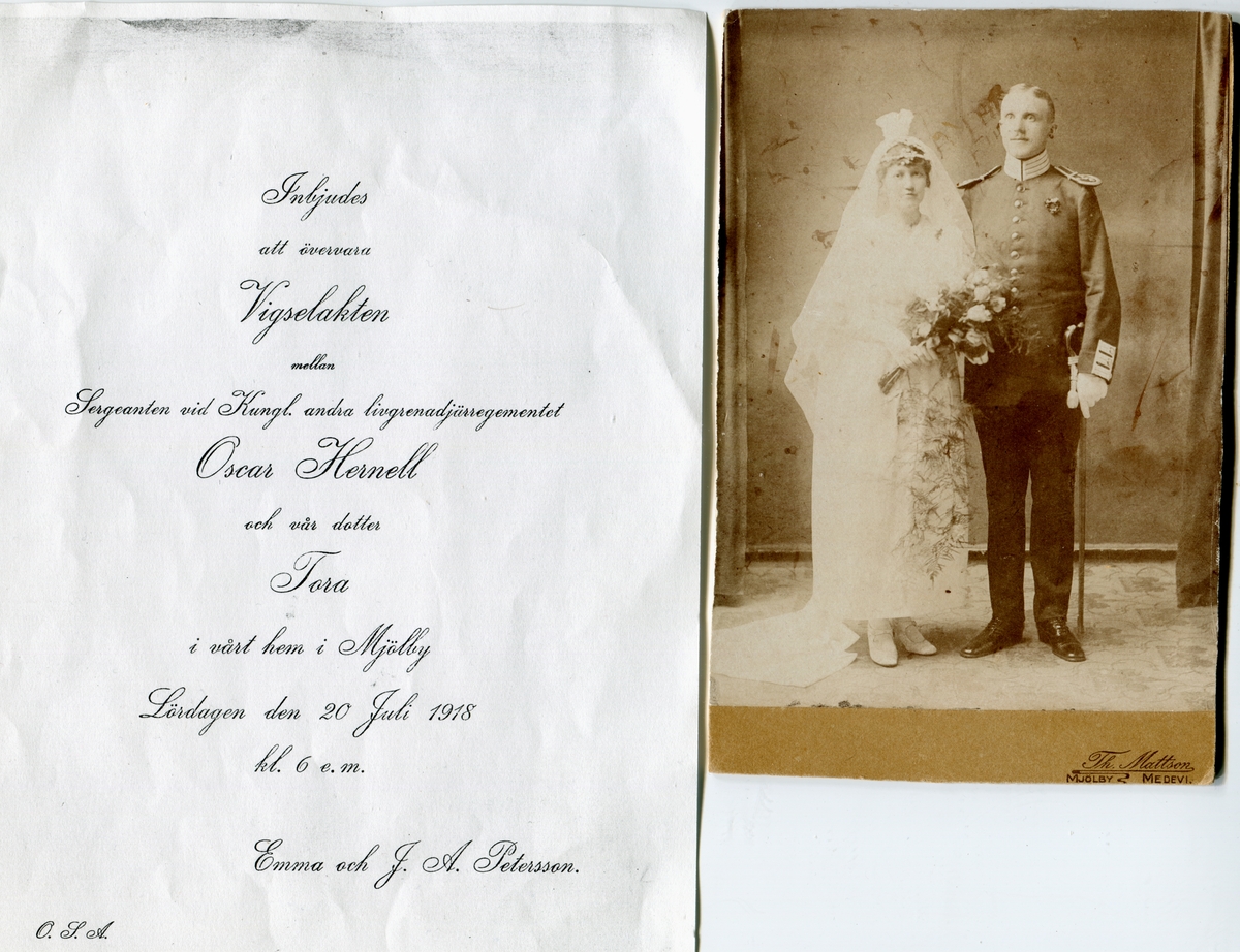 Bröllopsfoto:Sergeant Oscar Hernell och Tora Petersson
samt inbjudan till vigselakt 20 juli 1918.