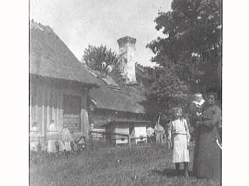 Högloftsstuga; ryggåsstuga med två loft. En kvinna står med två barn framför huset och vid fasaderna står bikupor; de till vänster är av halm.