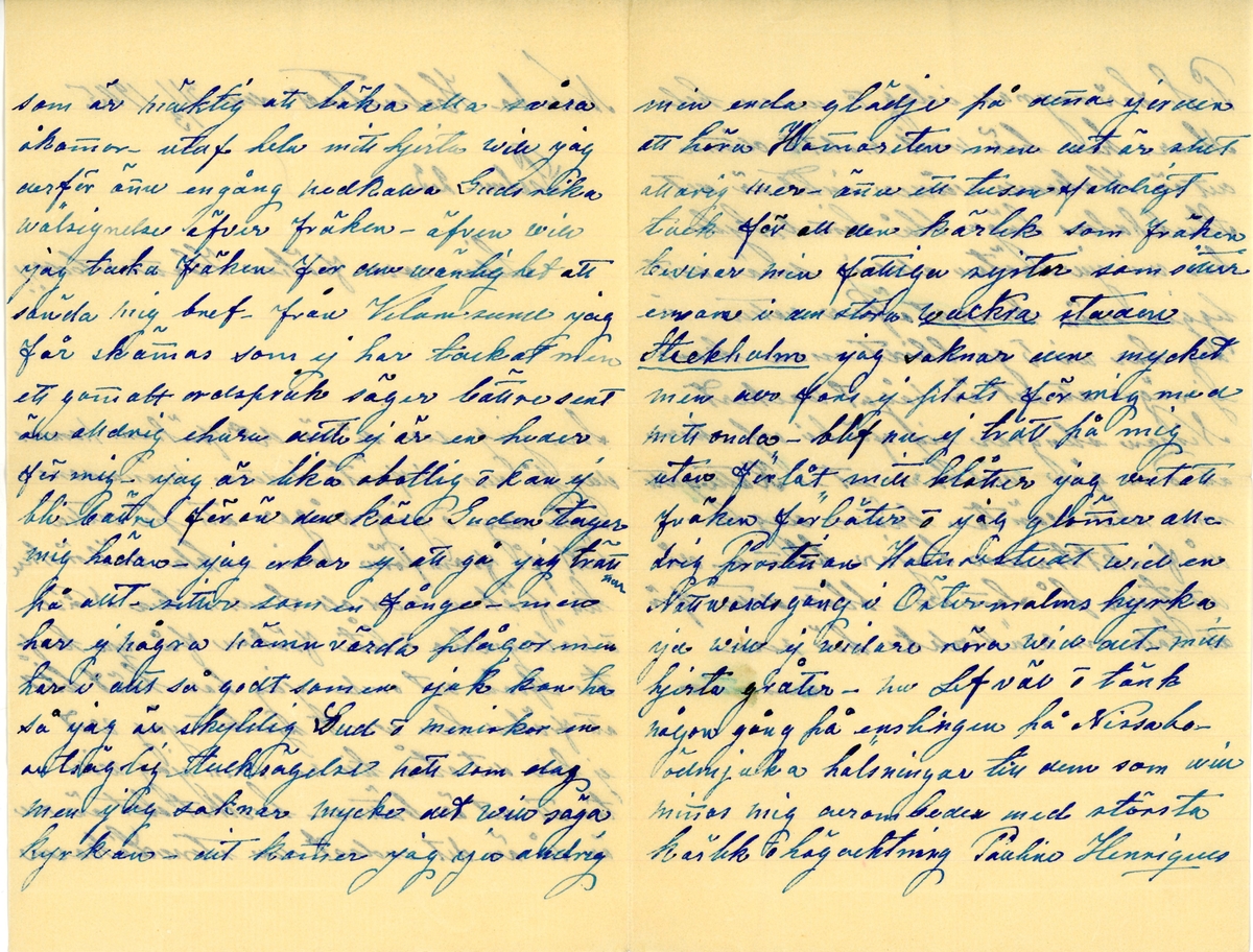 Brev skrivet 1905-03-31 till Ester Hammarstedt. Brevet består av fyra skrivna sidor på ett vikt pappersark. På grund av fläck går det inte att identifiera vem brevet är skrivet av. Handskrivet i blått bläck