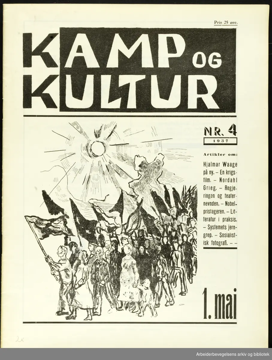 Kamp og kultur nummer 4. 1937. 1. mai nummer. Illustrasjon på forsiden er laget av Reidar Aulie. Format: 31x23 cm © Reidar Aulie / BONO - Foto: Arbark