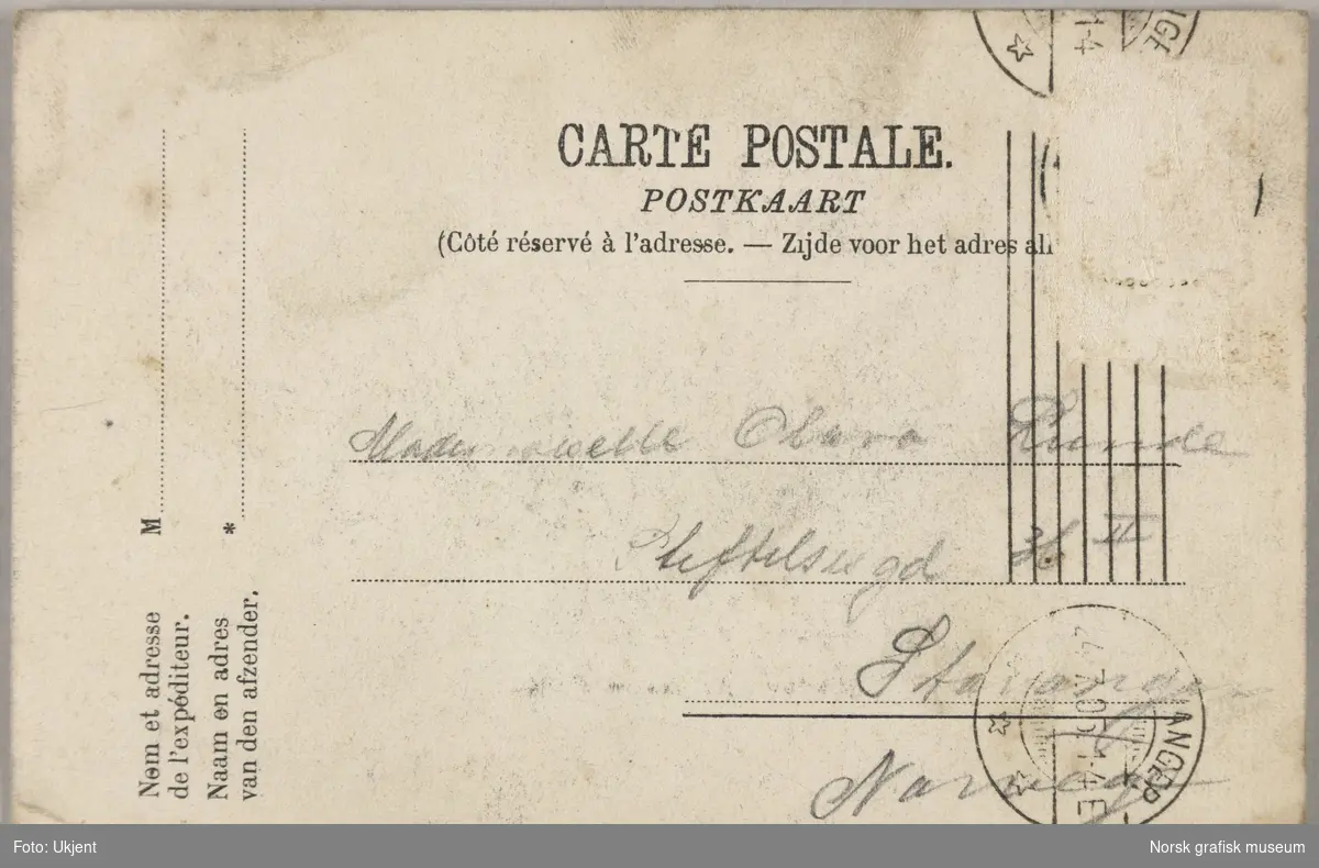 Postkort fra Antonie til Olava Lunde. Kortet er fra Namur i Belgia.