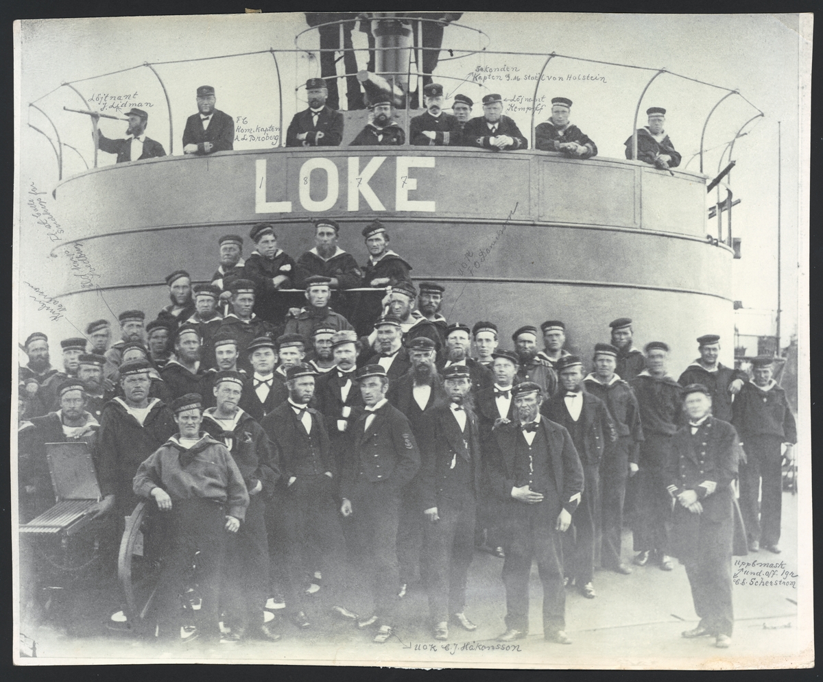Denna gruppfoto föreställer manskapet ombord på monitor Loke år 1877. På denna reproduktion finns namnen av flera avbildade påskriven med blyertspenna.