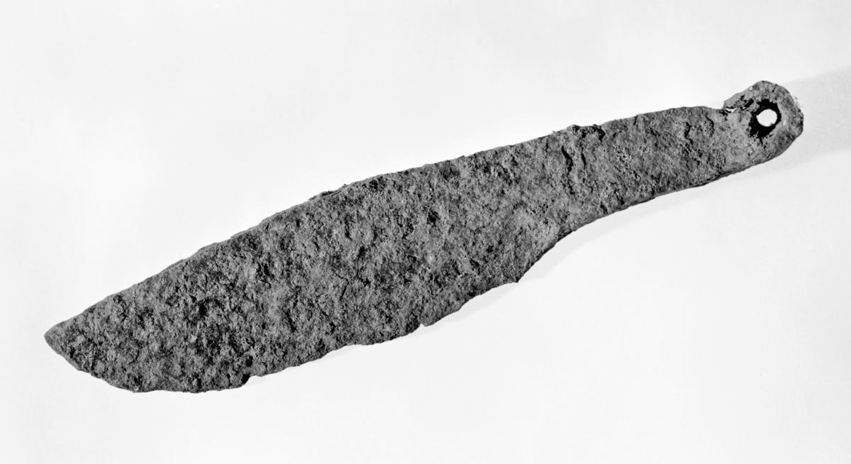 Fragment av vevskje av jern, sml. R 440 Rygh 1885. Bladet er brukket og kantene delvis ødelagt. L. 23,0 cm, hvorav falen utgjør 8,0 cm, br. 4,0 cm. Fremkommet ved opprydning på Nordfjord Folkemuseum. Funnet ble gjort på Grov, gnr. 74, Gloppen, Sogn og Fjordane, på bunnen av en rydningsrøys, april 1914. Gave fra Petter Eide