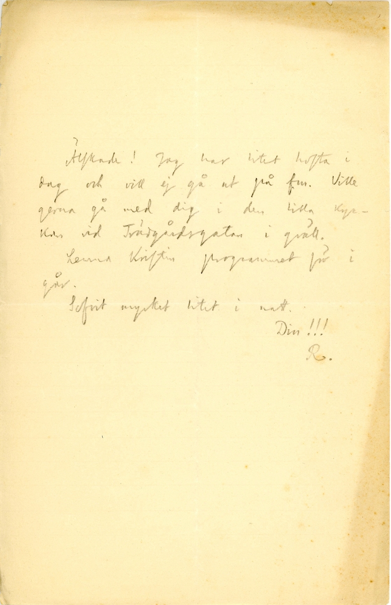 Tankar och kärleksförklaring från Richard Bergström till hans fru Nini (Ellen) Bergström. Handskrivet i svart bläck och hittat i ett adresserat kuvert.