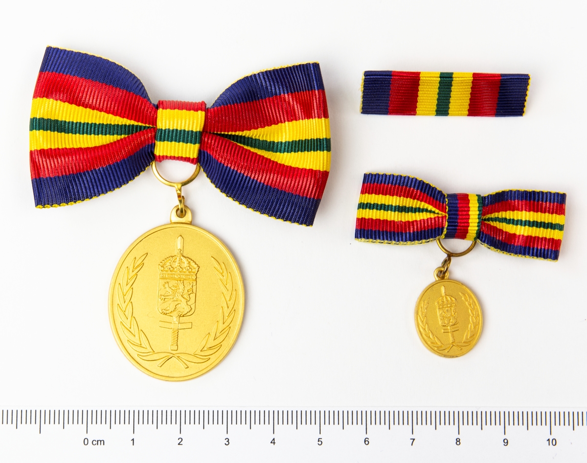2 st medaljer och 1 st utmärkelsetecken. Framsida med lagerkrans, svärd och heraldiskt vapen. Bandet är utformat som rosett. Förvaras i originalask.