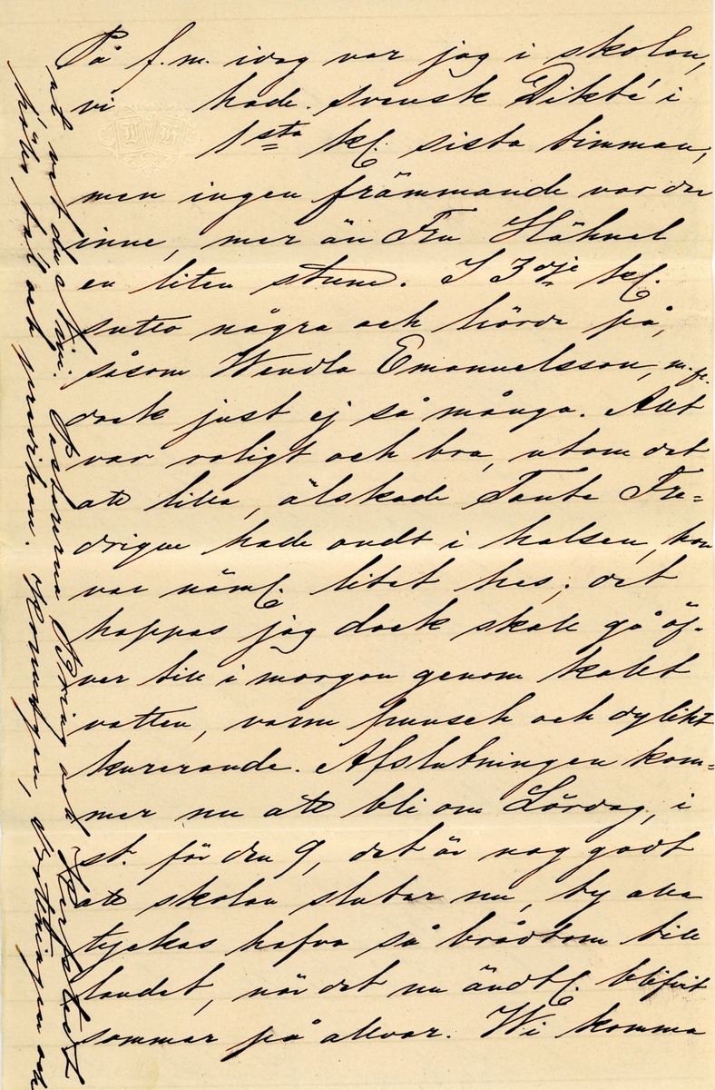 Brev skrivet 1874-06-02 av Fredrique Hammarstedt till sin dotted Nini (Ellen) Hammarstedt. Brevet består av fem sidor text skrivna på ett två pappersark. Brevet hittades utan kuvertet. Handskrivet i svart bläck.
