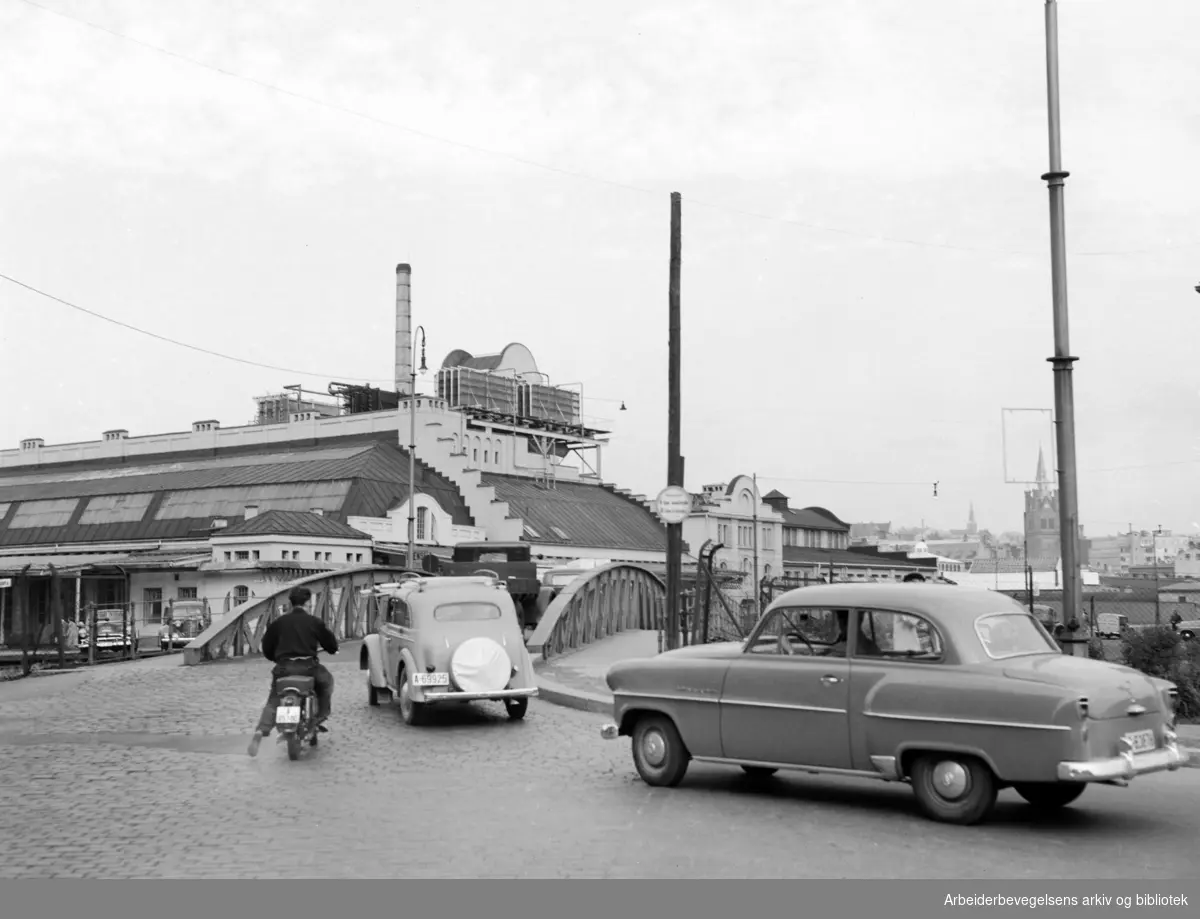 Schweigaards bru. Oslo slaktehus. Kjøtthallen. August 1955