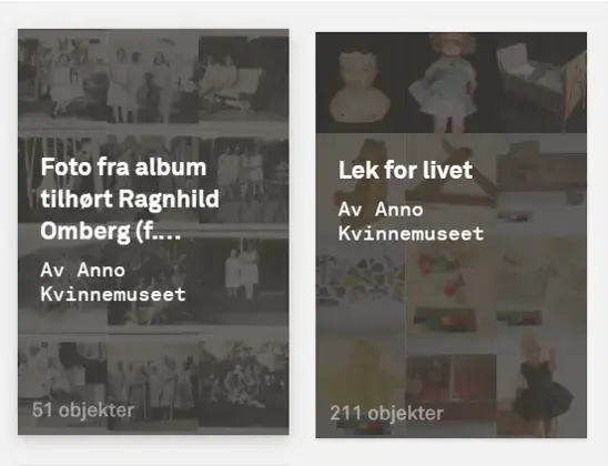 Skjermpdump av nettsiden DigitaltMuseum. Vi ser to mapper som ligger under Kvinnemuseet på nettsiden.