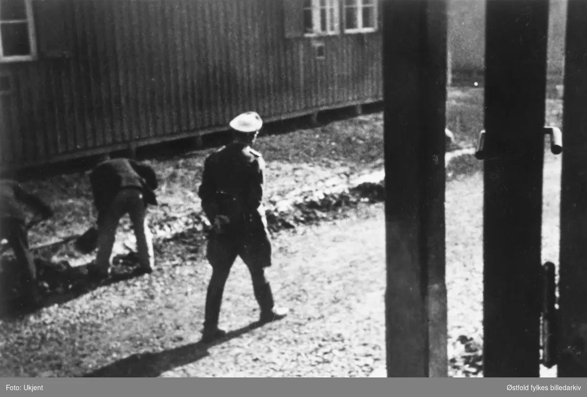Fra fangeleiren på Grini i Bærum under andre verdenskrig i 1940-45. Illegale fotografier. Tysk vaktsoldat.
